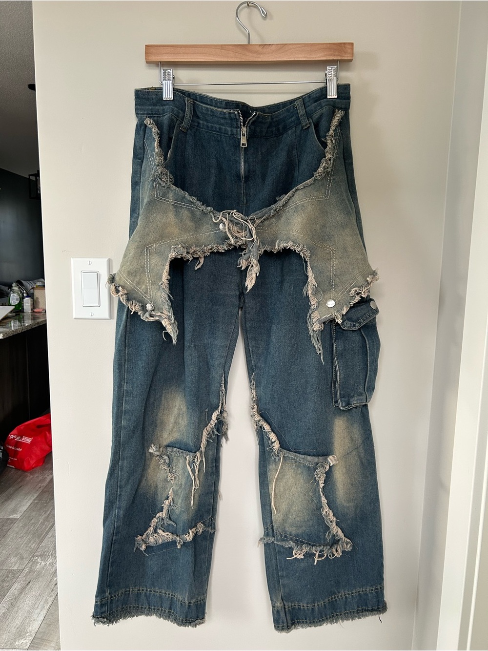 Distressed Dark Blue Cargo Jeans with Faded Accents